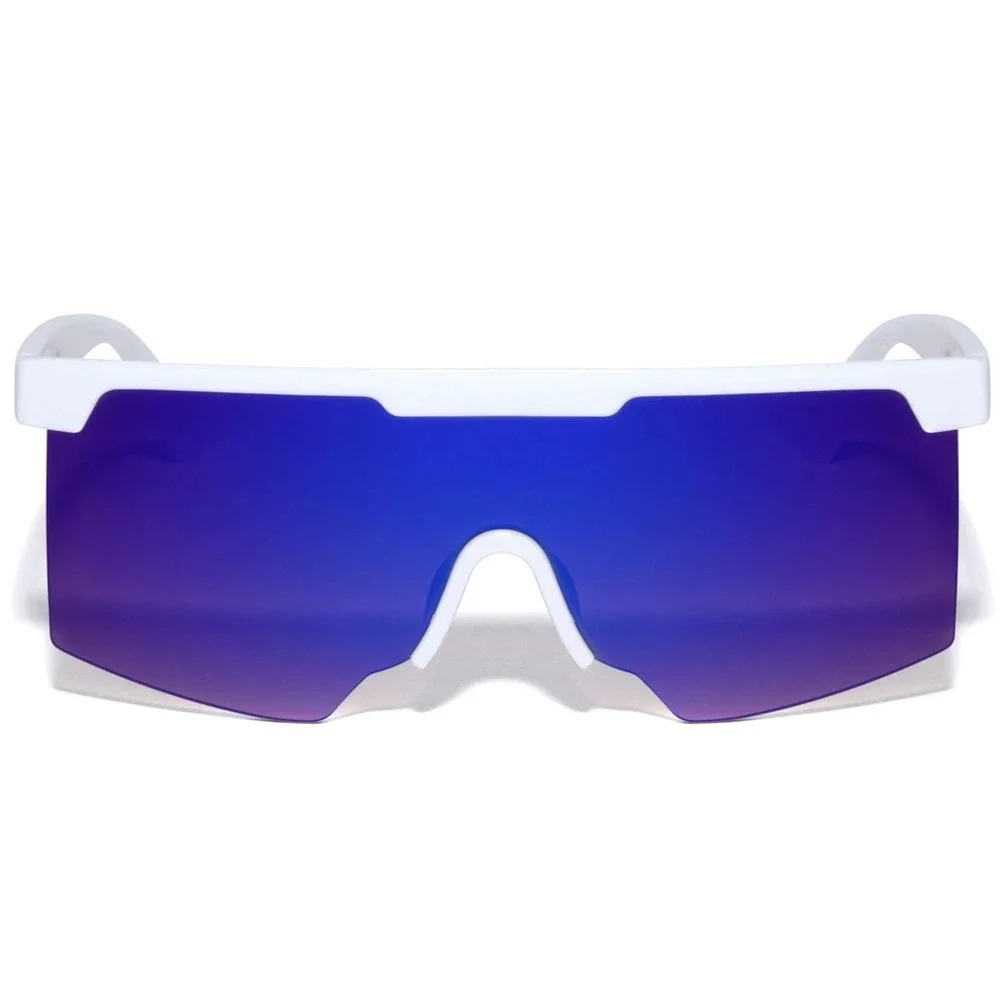 Sunglasses White Frame Blue Mirror Reflective Lens Oversized Fishing Beach Shade